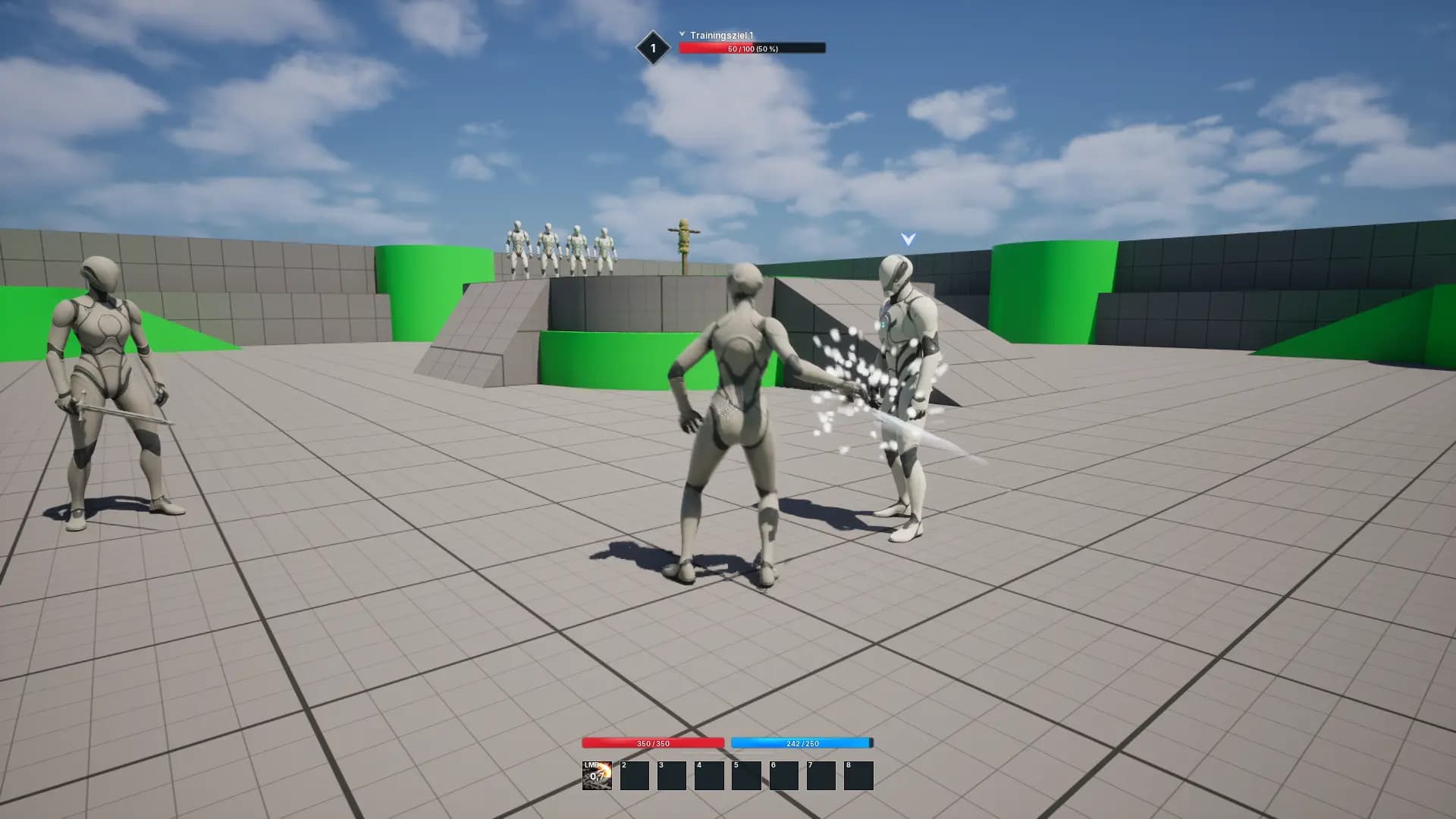 Spielszene aus dem Prototyp: Eine Figur trifft ein Trainingsziel mit dem Schwert, Funken sprühen. Oben zeigt das Target-HUD halbes Leben, unten läuft in Slot 1 die Abklingzeit.